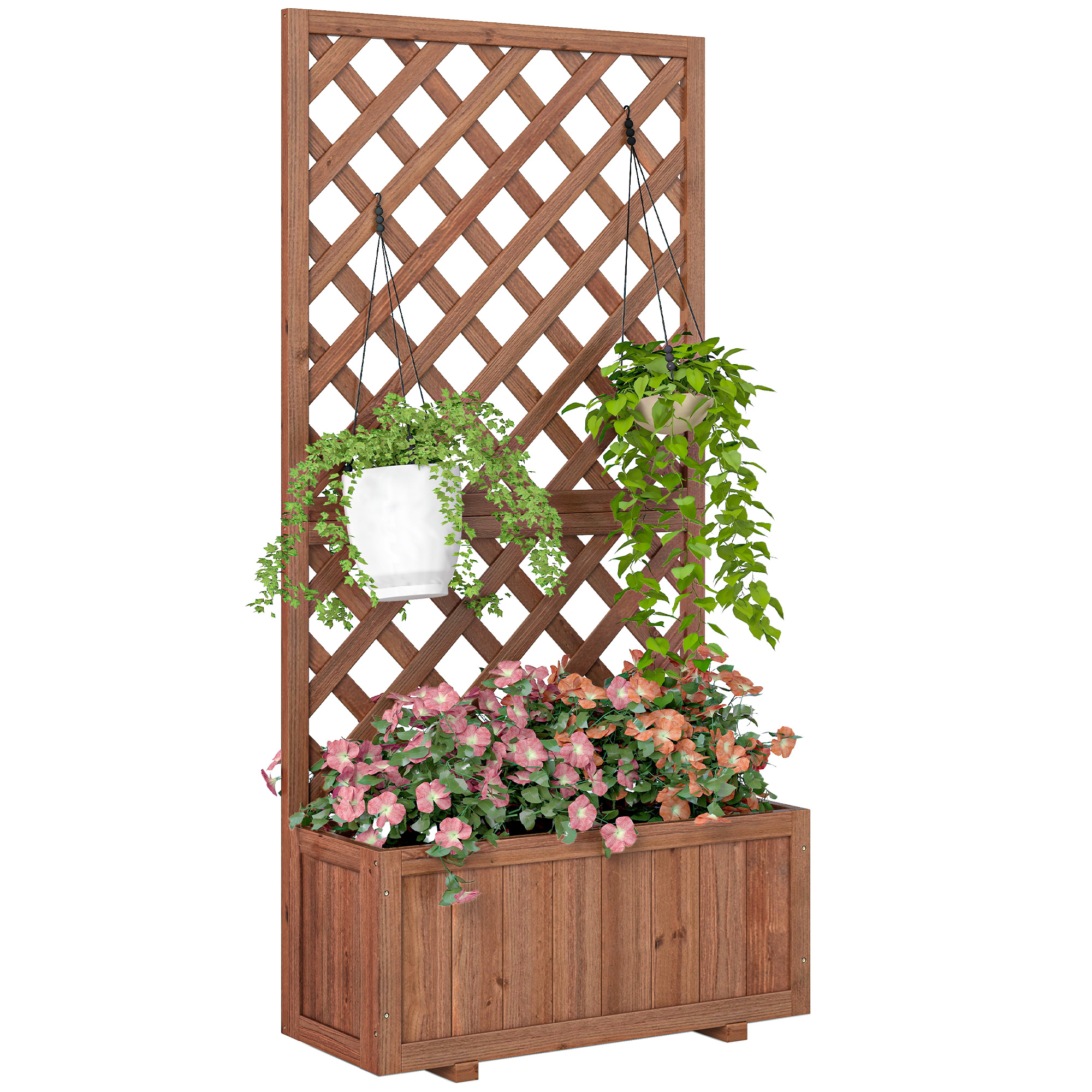 Wooden Raised Garden Bed with Trellis, 59" Outdoor Planter Box with Drainage Holes, Planter Raised Bed for Climbing Vine Plants Flowers, Orange