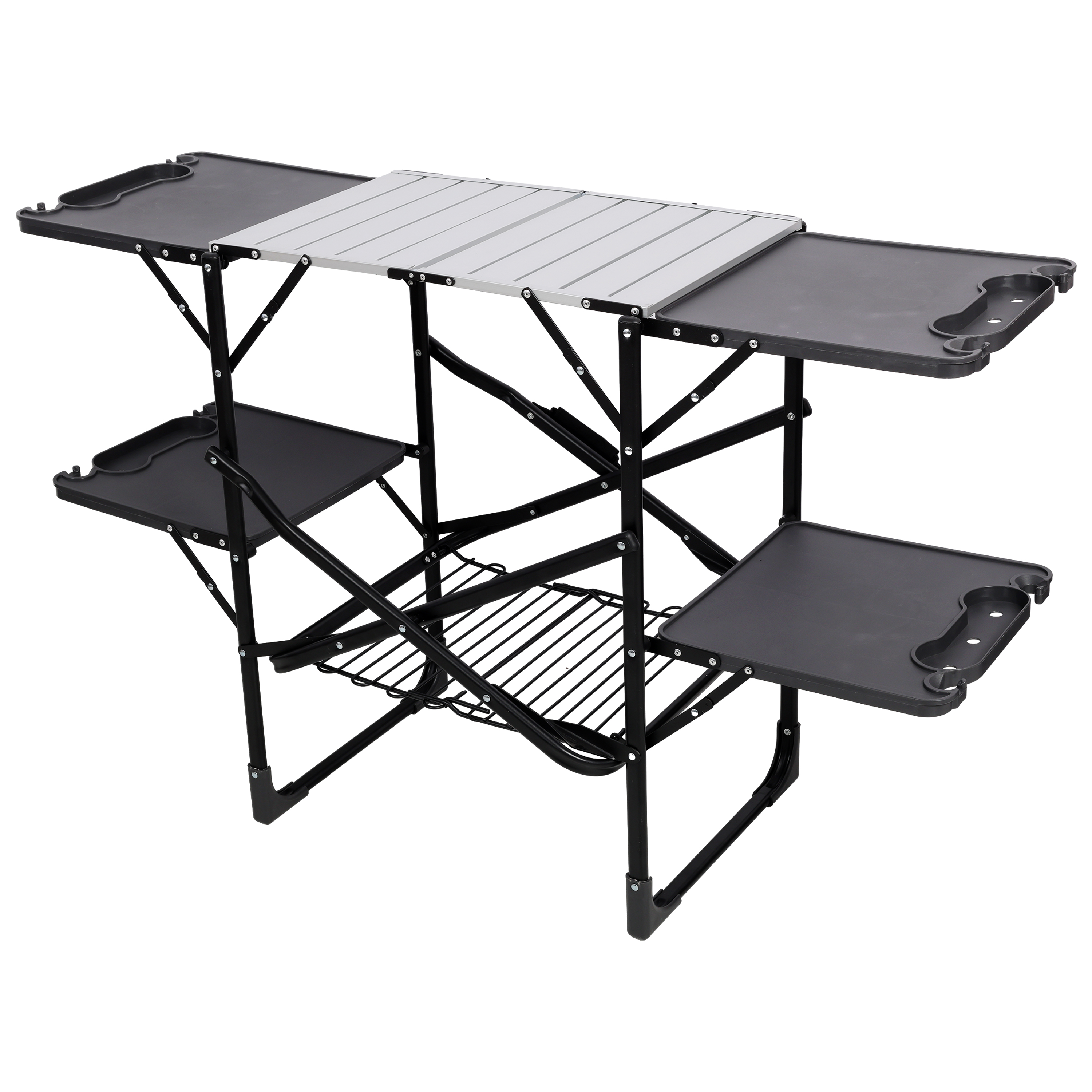 Folding Camping Kitchen Table - Portable Outdoor Cooking Station with Heat Resistant Top, 4 Side Tables, Storage Rack for Picnics & Camping Trips