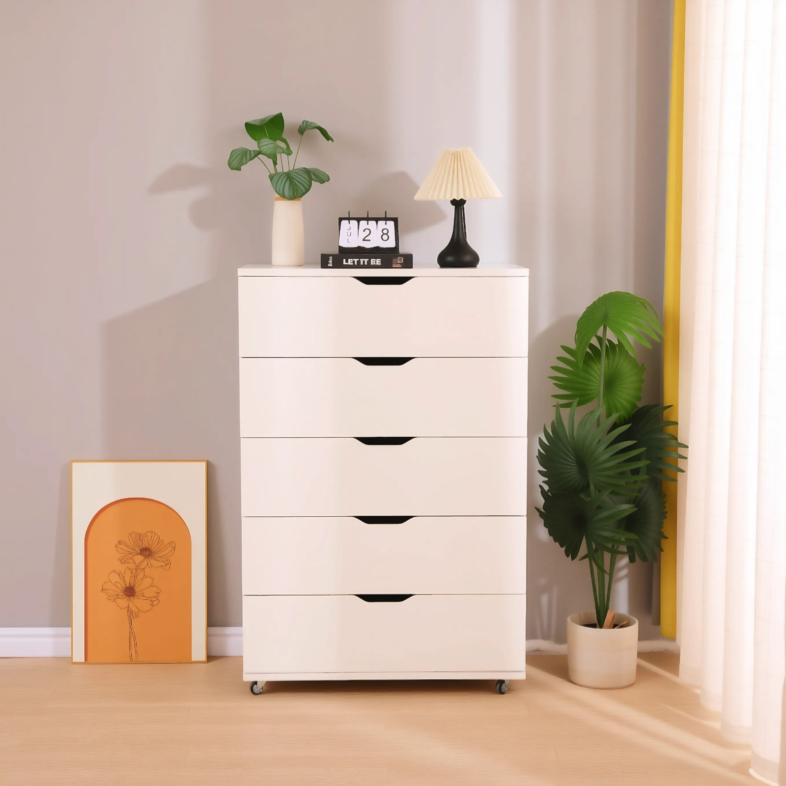 White 5-Drawer Dresser with Wheels – Modern Storage Cabinet