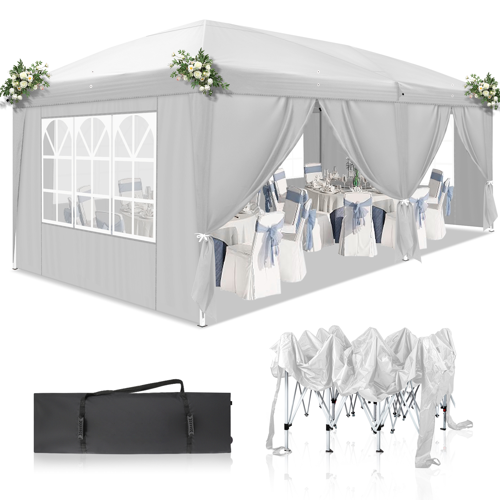 【Same Code：21069005】3 x 6m Four Windows Practical Waterproof Folding Tent White