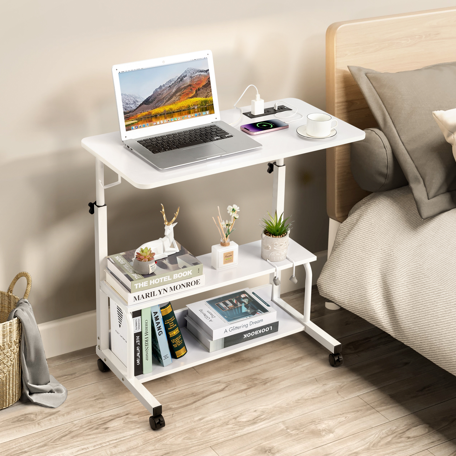 White Wood Grain P2 15MM Particle Board with Melamine Coating Adjustable Computer Desk with 3 USB + 2 AC Outlets