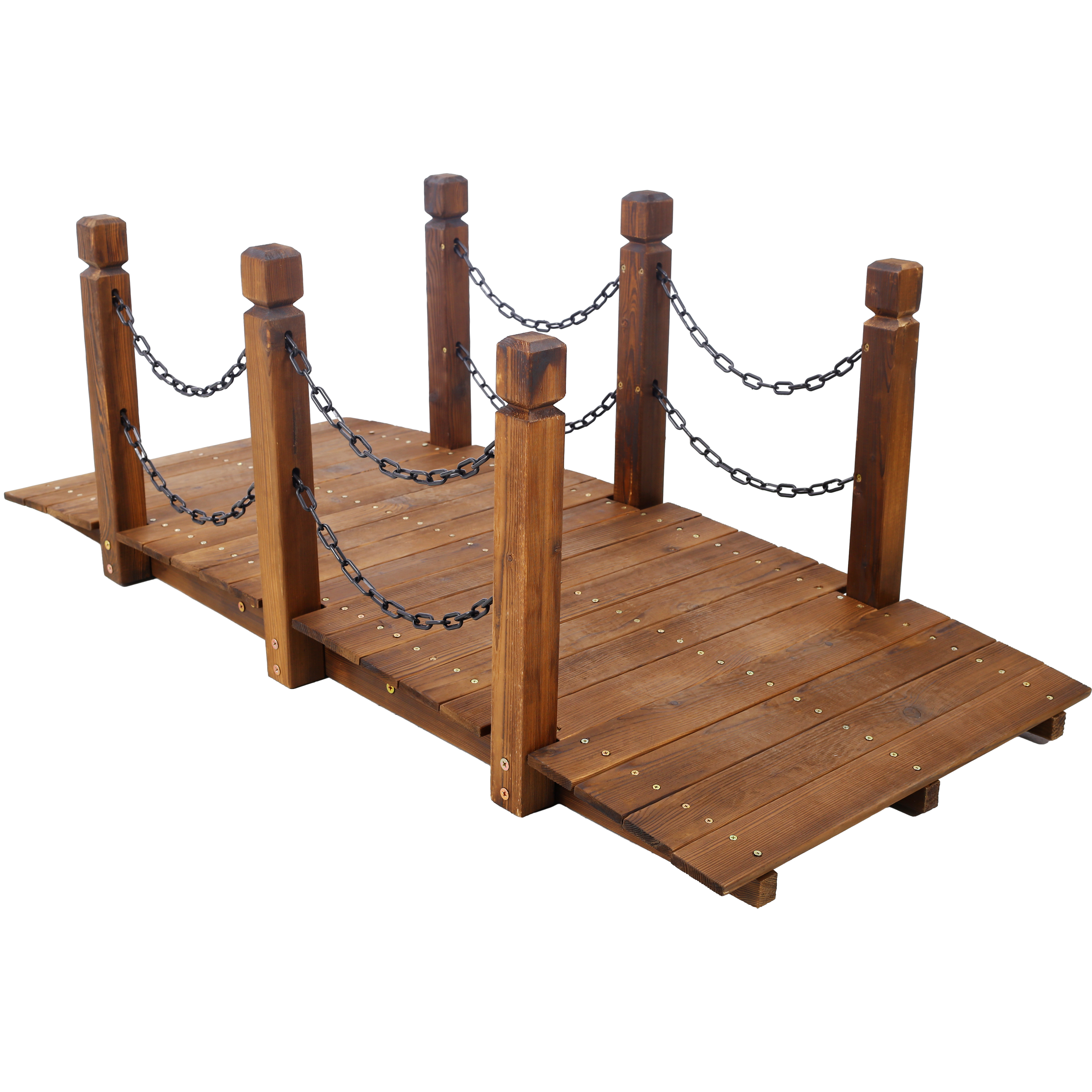 5 FT Wooden Garden Bridge, Stained Wood Arc Footbridge with Chain Railings for Backyard Creek Farm, Decorative Pond Bridge, Easy to Assemble (Brown)
